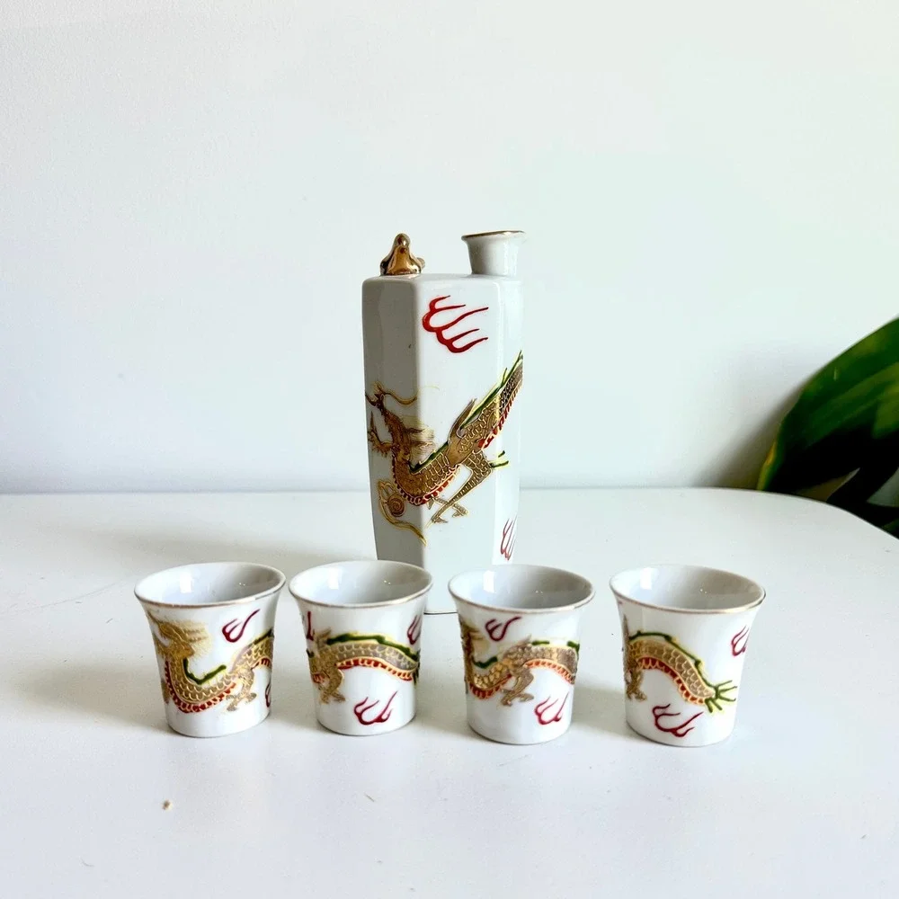 Vintage Japanese Porcelain‎ Sake Set Hexagonal Dragon Decanter 4 Cups Gold Trim